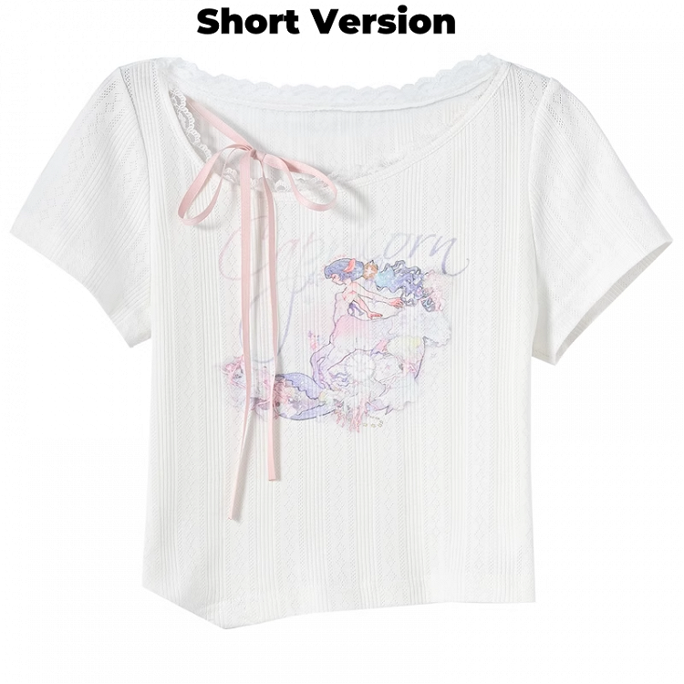 Long/Short Capricorn Constellation Print White Cotton T-Shirt Verison