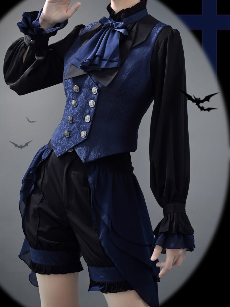 Black and Dark Blue Ouji Lolita Fashion Prince Shirt With Jabot