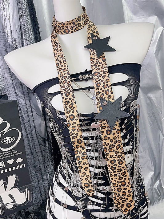 Leopard Y2K Brown Neck Applique Tie Star Pattern