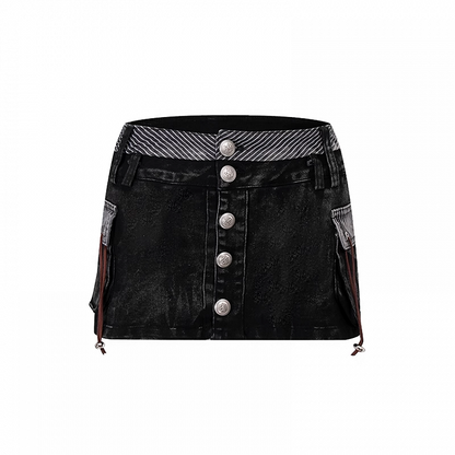 Rise Silver-tone Buttons Distressed Design Black Low Mini Denim Skirt