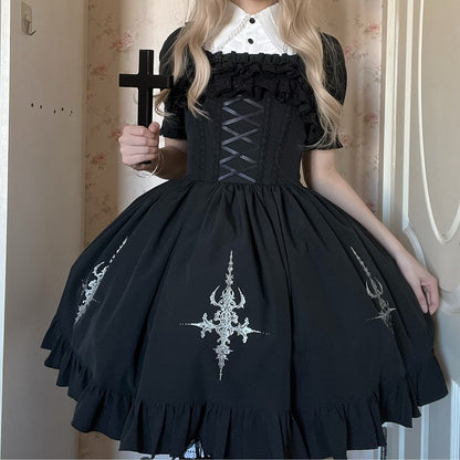 Schwarzer Lolita-Rock mit abnehmbarer Taille und Gothic-Overlay im Pullover-Stil mit Kordelzug