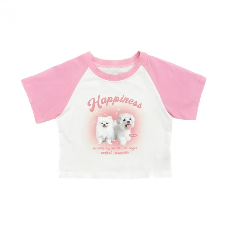 Black Pink Cute Puppy Print Cropped Top