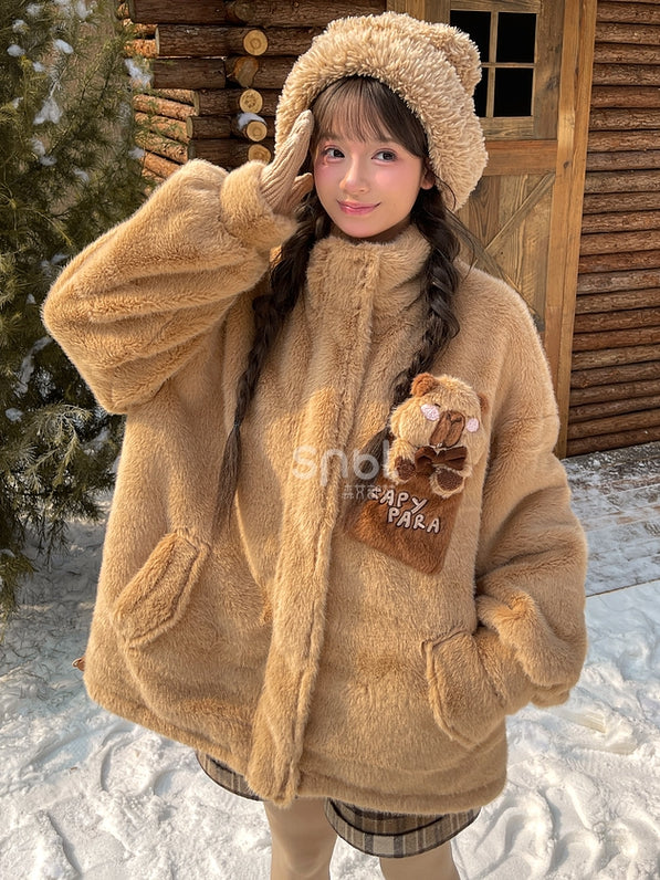Cute Capybara Adorned Brown Plush Zip Hoodie