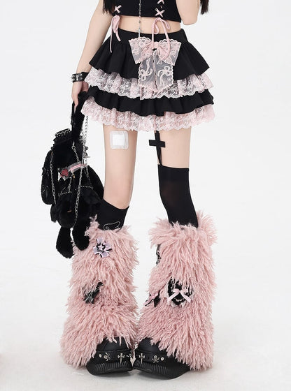 Pink Lace Trim Black Elastic Tiered Skirt Waist Y2K Contrast