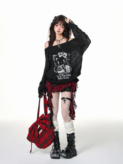 Red Skirt Y2K Hem Black Asymmetrical White/Black