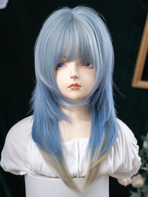 Straight Ombre 65CM Hime Color With Hair Air Cut Blue Bangs Length Wig