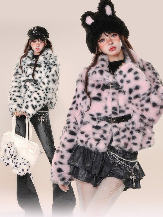 White Pink Leopard Buckle Straps Thick Coat