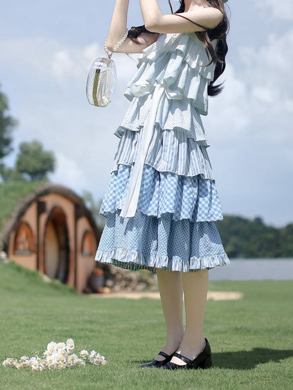 Blau mit Patchwork Urlaub Taille ärmelloses Kleid Stufenrock Gürtel