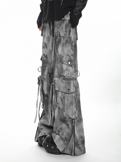 Gray/Green Faded Vintage Dark Wash Wide-Leg Cargo Jeans with Zippered Cuffs