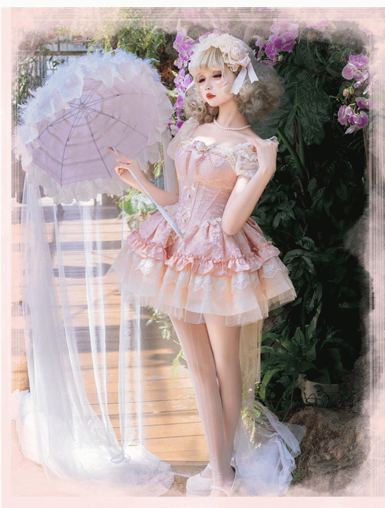 with JSK Big Bow Fabric Hime Lolita Balletcore Pink Boned Basque Waist Jacquard Train Puffy Dress