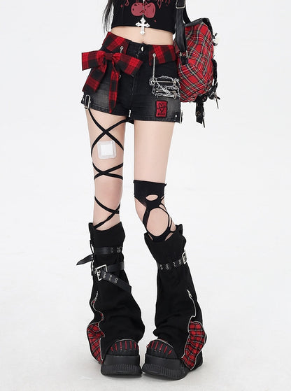 Red Denim Shorts Plaid Bowknot Black Glamorous