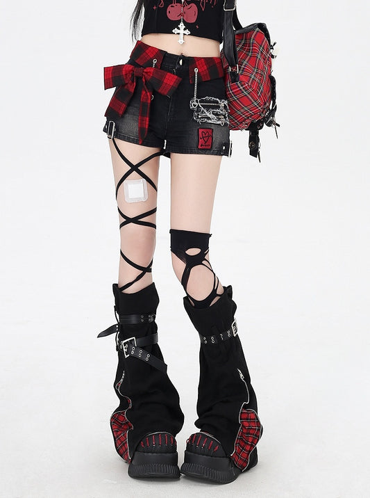 Red Denim Shorts Plaid Bowknot Black Glamorous
