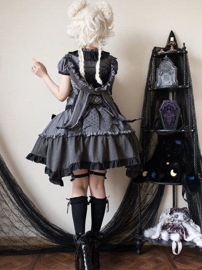 Detachable Bodice Gray Dark Overall Hood Plaid Lolita Ears Bunny Dress with Pattern