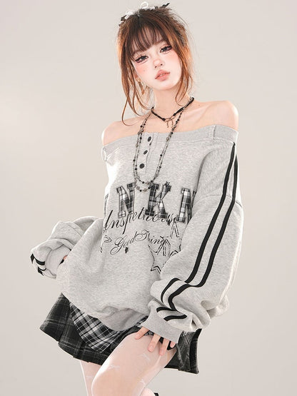 Grey Letter Patch Embroidery Off-the-shoulder Neckline Sweatshirt