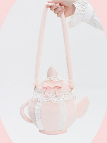Trim Sweet Lace Plush Decorated Lolita Bowknot Strawberry Hand/Crossbody Bag And Pink Teapot