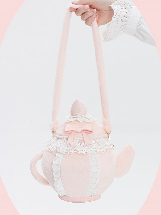 Trim Sweet Lace Plush Decorated Lolita Bowknot Strawberry Hand/Crossbody Bag And Pink Teapot