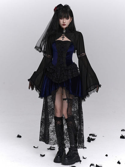 Cutouts Lace-Trimmed Elegant with Bell Crop Black Halloween Sleeves Elbow Shrug Gothic