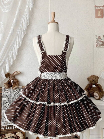 School Lolita Chocolate Polka-dot Pattern Dress Brown Overall Old