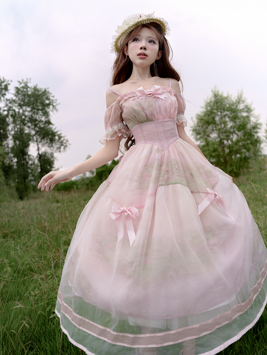 Painting Dress with Organza Overlay Oil Pink Water Lily Print Basque Waist Light