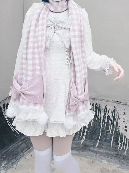 Bowknots Pink Trim Jirai with Kei Beaded Lace Pompons White Plaid Scarf and