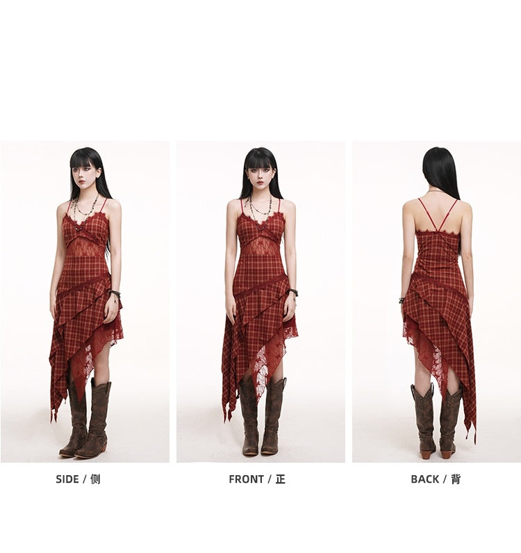 Handkerchief Hem Cutout Midriff Cami Dress Red Plaid V-neck