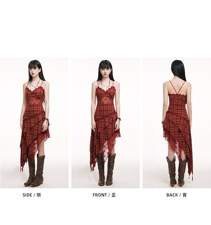 Handkerchief Hem Cutout Midriff Cami Dress Red Plaid V-neck