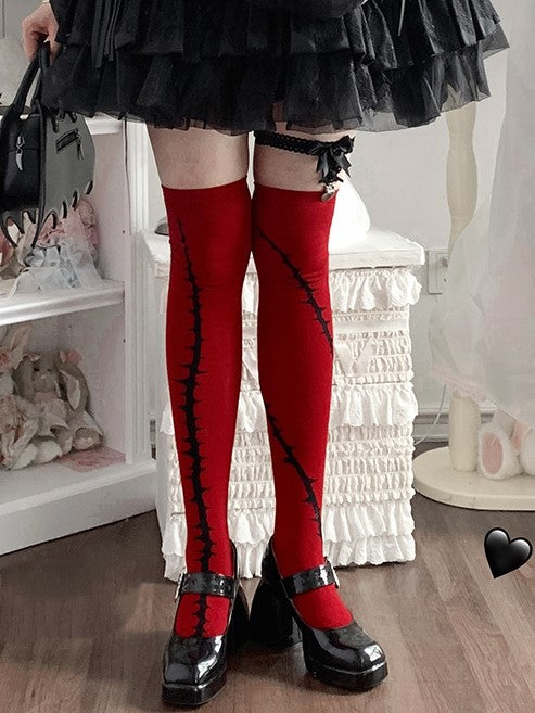 Red Lolita Gothic Black Bramble Pattern Stockings Overknee