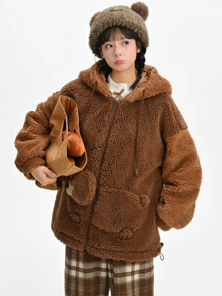 Brown Cute Puppy Pocket Design Fleece Zip Hoodie