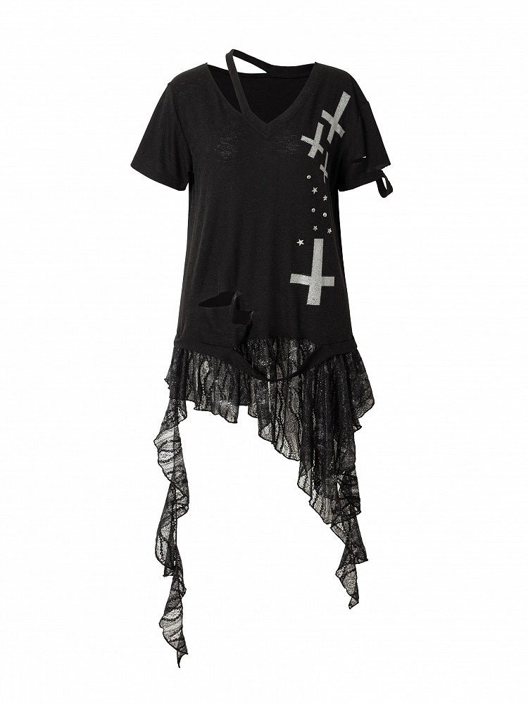 Rock Lace Detailing Graphic Distressed with Punk Handkerchief Hem Black T-shirt Cross