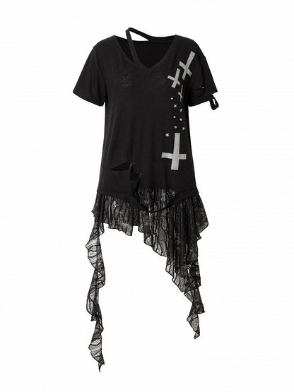 Rock Lace Detailing Graphic Distressed with Punk Handkerchief Hem Black T-shirt Cross
