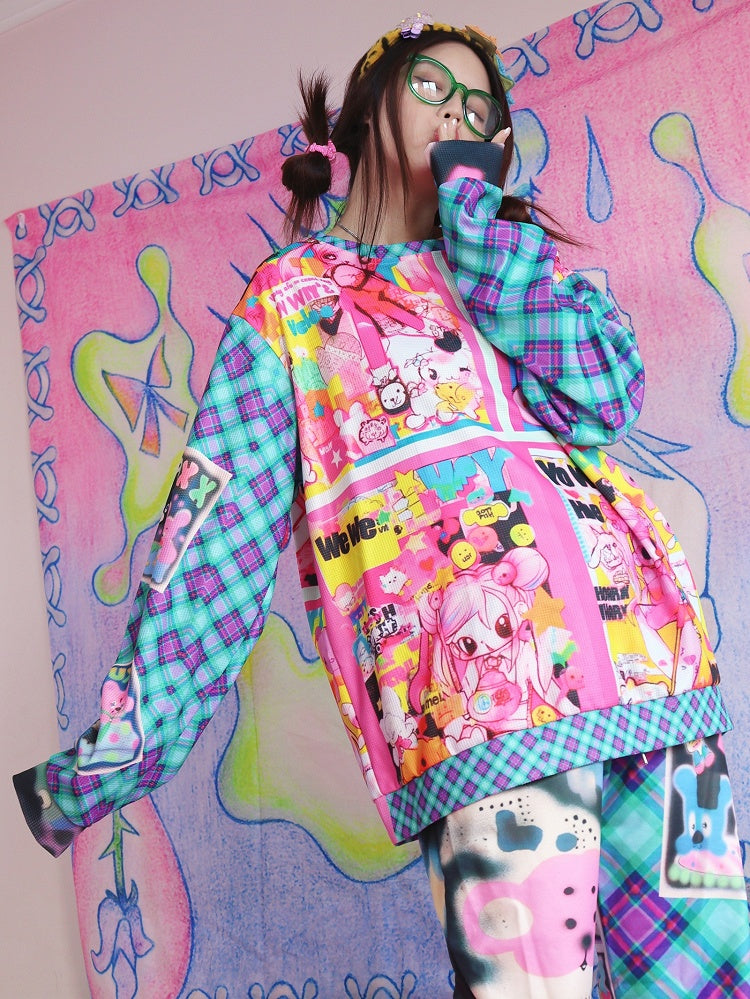 Cartoon Fashion Print Blue/Red Gyaru Plaid Pattern Sweatshirt