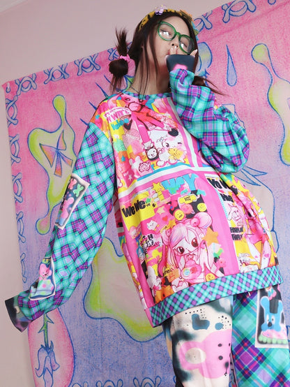 Cartoon Fashion Print Blue/Red Gyaru Plaid Pattern Sweatshirt