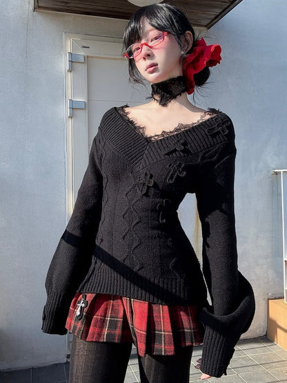 Gothic Red Cross Charms Plaid Woolen Pleated Mini Skirt