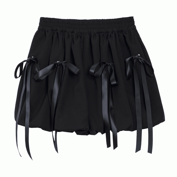 Black Elastic Waist Bubble Skirt with Bowknot Brooches