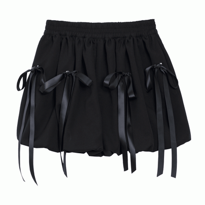 Black Elastic Waist Bubble Skirt with Bowknot Brooches