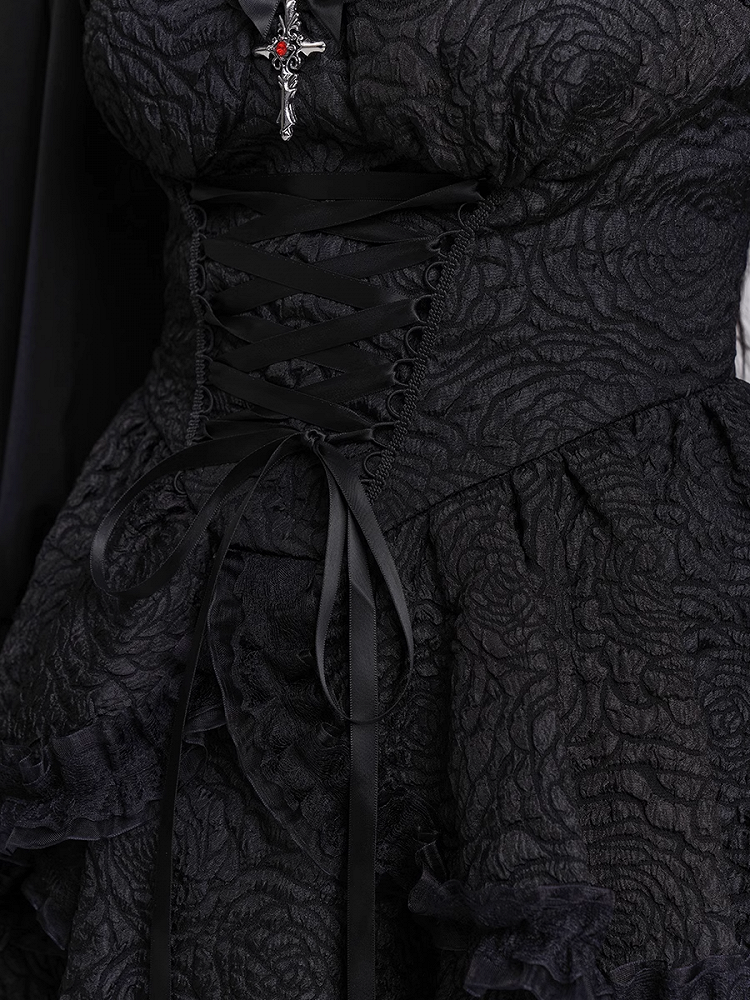 Skirt Gothic Black Sweetheart Neckline Lace-up Front Tiered