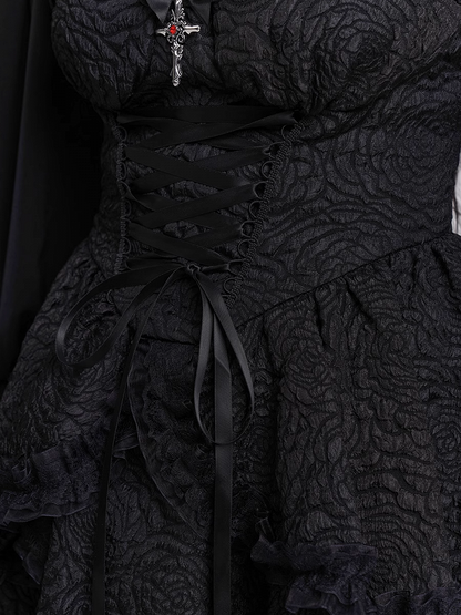 Skirt Gothic Black Sweetheart Neckline Lace-up Front Tiered