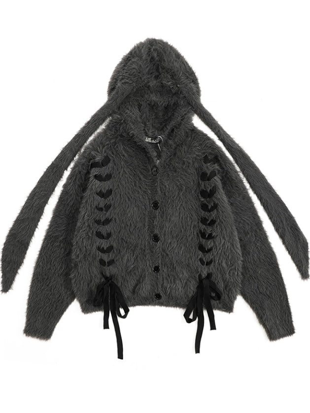 Dark Grey Lace-up Detail Bunny Ears Fluffy Hooded Cardigan