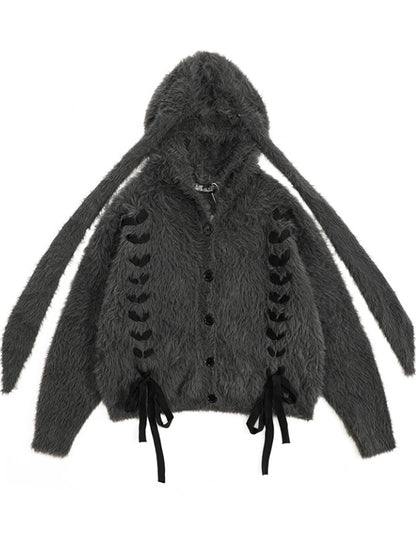 Dark Grey Lace-up Detail Bunny Ears Fluffy Hooded Cardigan