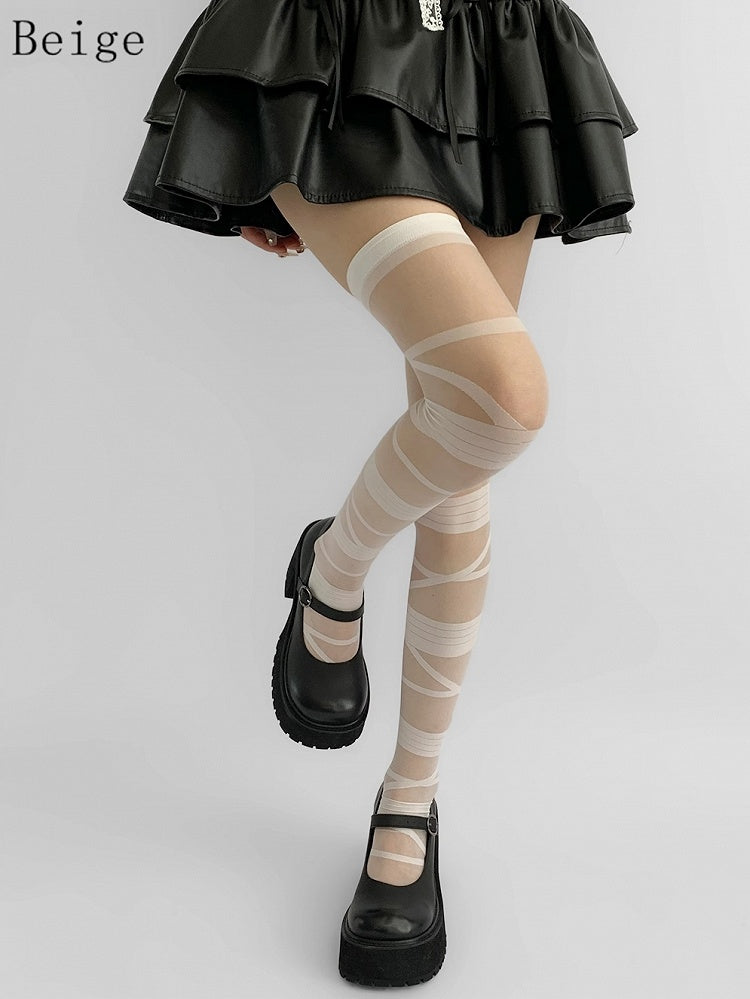Crisscorss Gray/White/Black/Beige Over-knee Y2K Banded Stockings