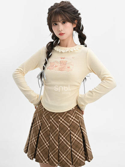 Apricot Bunnyand Teddy Bear Long Sleeves Top Ruched
