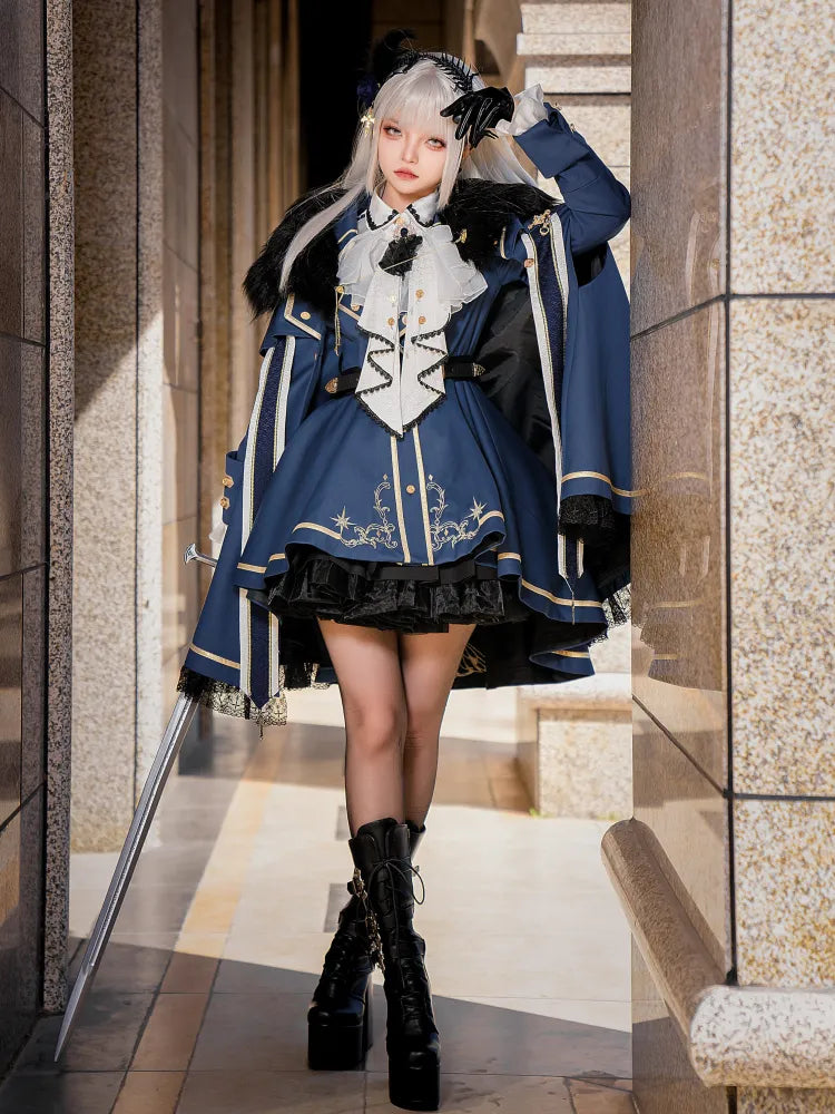 XXL Gold Coat Blue Skirt + Set Cape Shirt Jabot Trimming Clearance-Size Full Lolita Military and