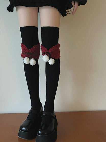 White Black Sweet Bowknot Stockings With Pompons