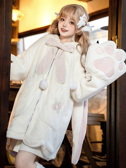 White and Pink Lolita Oversized Bunny Ears Hooded Plush Coat Leg Warmers