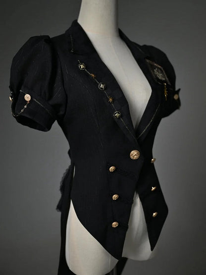 Sleeves Top Puff Blazer Black Split-Tail Short Collar