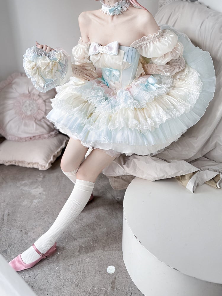 Sweet Lolita Balletcore Dress Blue Tiered Pink Skirt Yellow Boned Corset Waist