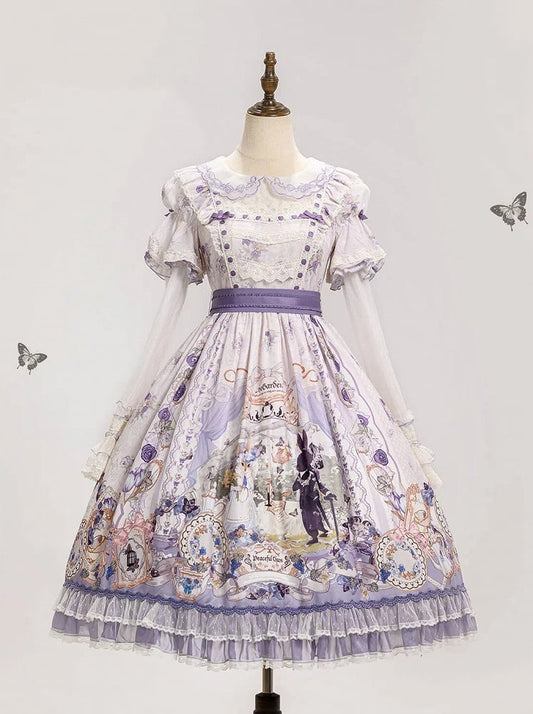 Robe Lolita violet clair à manches amovibles, motif lapin et fleurs