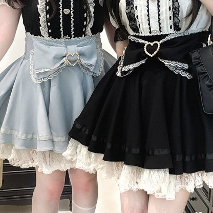 Jirai Kei Lace Bow Big Back Skirt Black/Light Trim Beaded Heart Decorated Blue Lace-up