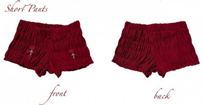 Gothic Red Crosses Low Waist Ruched Mini Shorts
