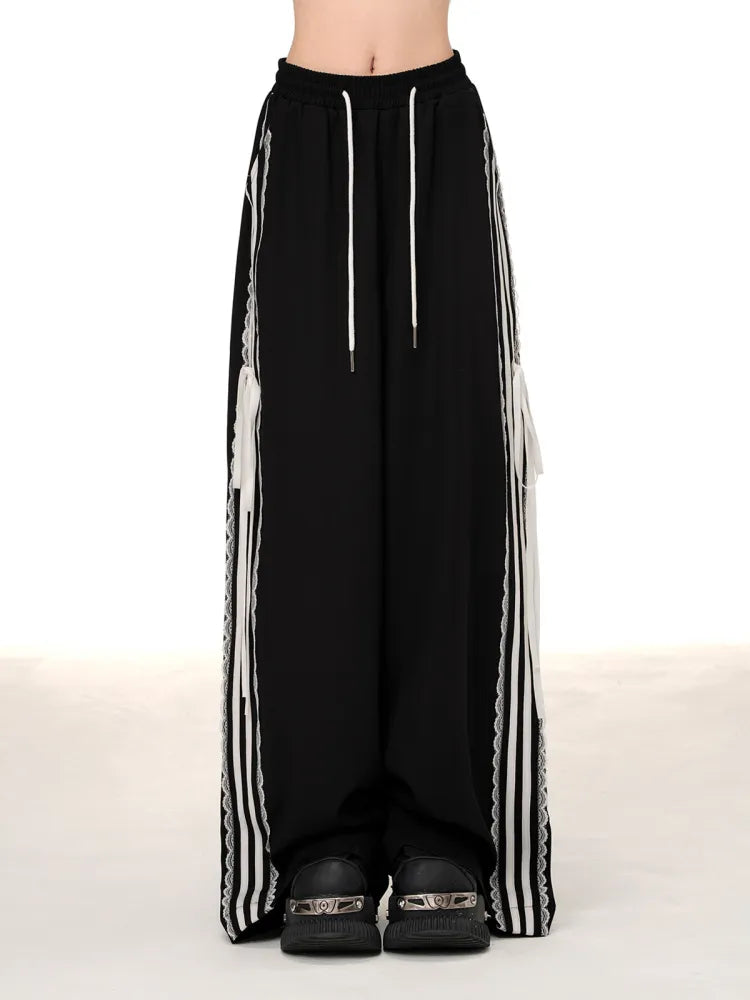 Black Lace Trim Wide-leg Cut Blokette Core Pants